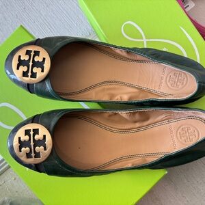 Tory Burch Dark Green Leather Flats with Gold Logo